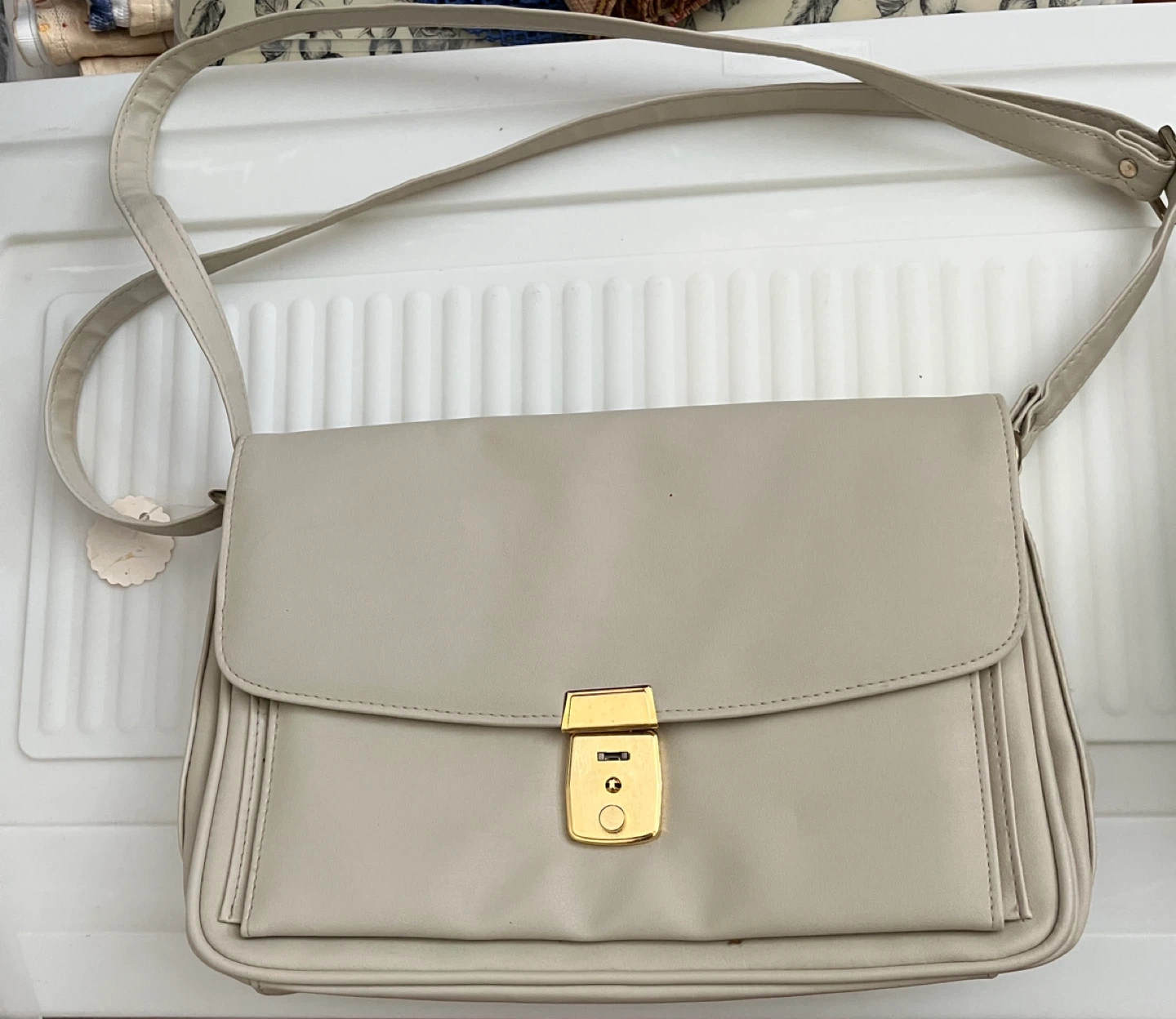 Beige Faux Leather Crossbody Bag with Gold Clasp