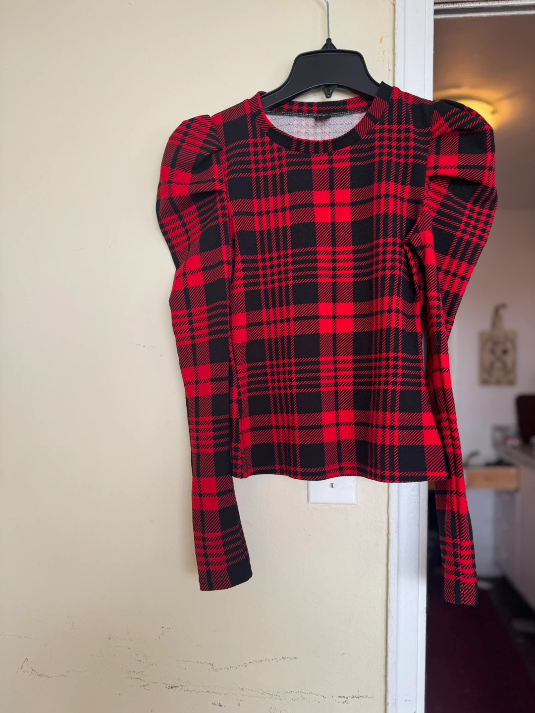 Red and Black Plaid Puff Sleeve Top
