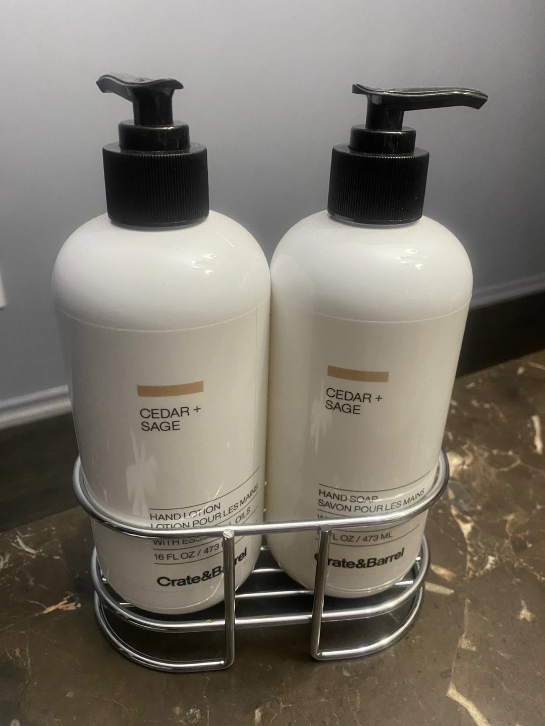 Cedar + Sage Hand Soap and Lotion Set with Stainless Steel Caddy