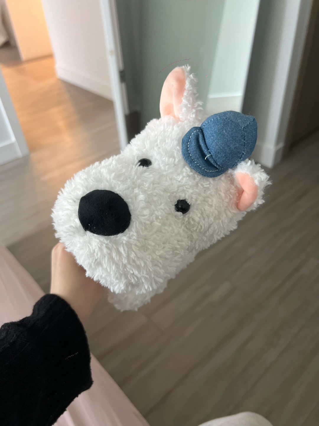 White Plush Dog Stuffed Toy with Denim Hat and Bowtie - photo 3