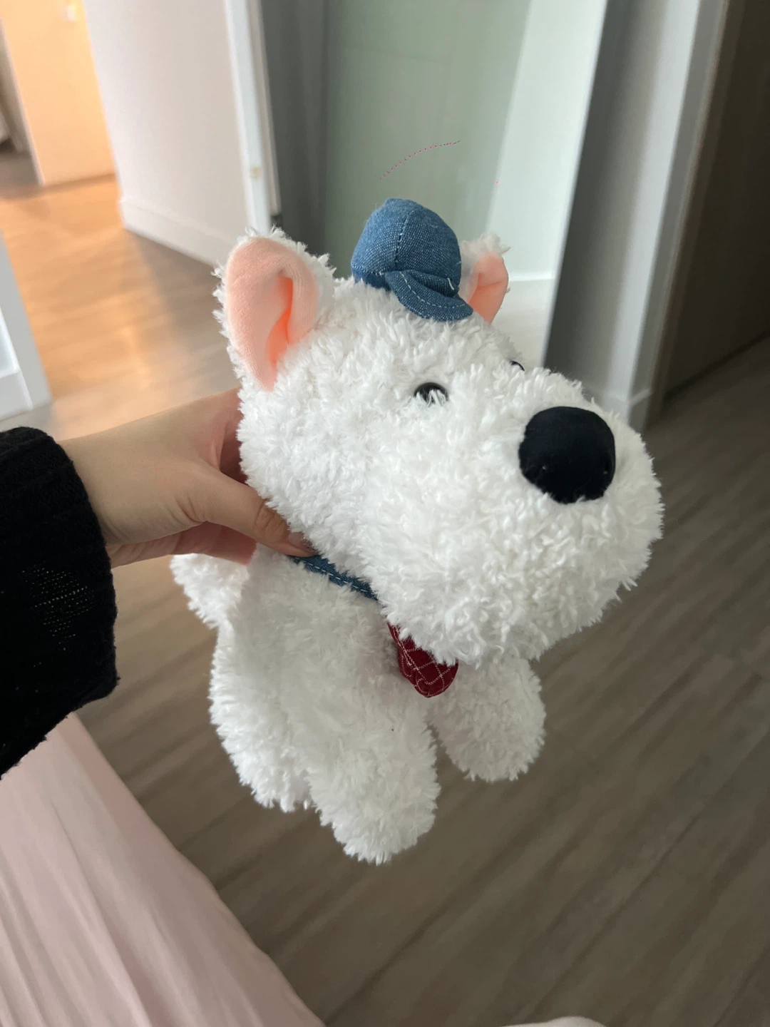 White Plush Dog Stuffed Toy with Denim Hat and Bowtie