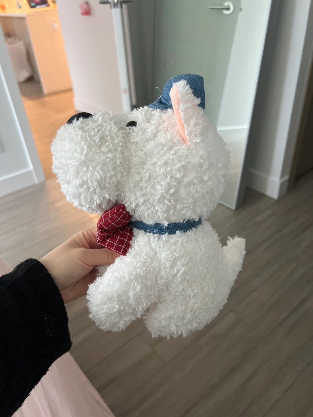 White Plush Dog Stuffed Toy with Denim Hat and Bowtie - photo 4
