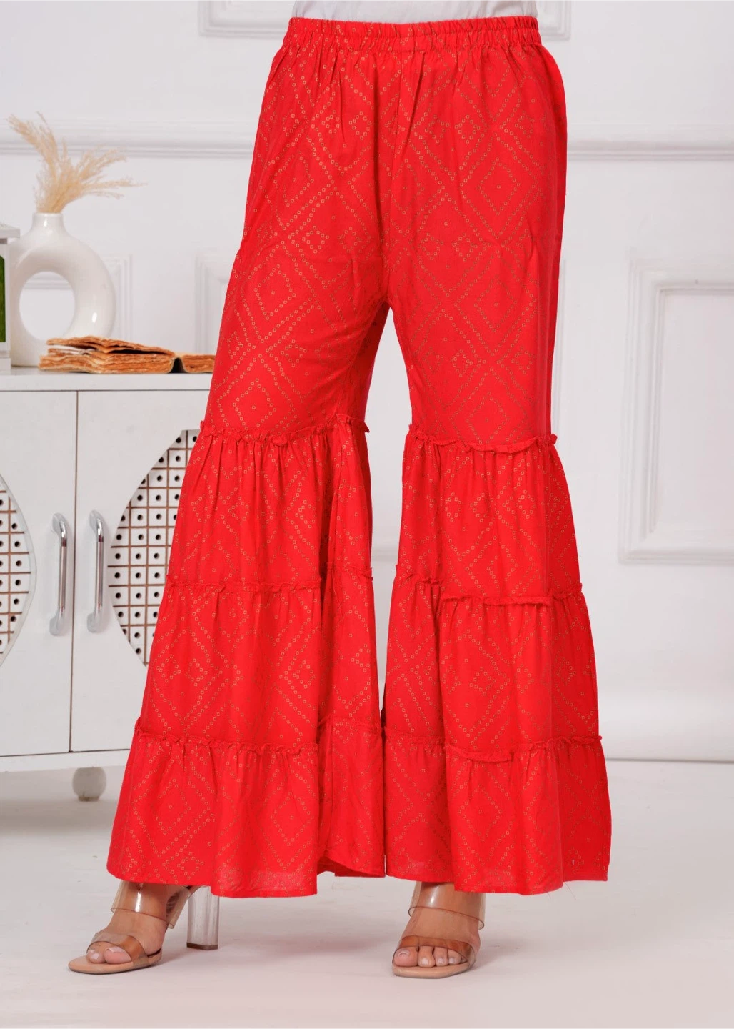 Red Tiered Palazzo Pants with Gold Print
