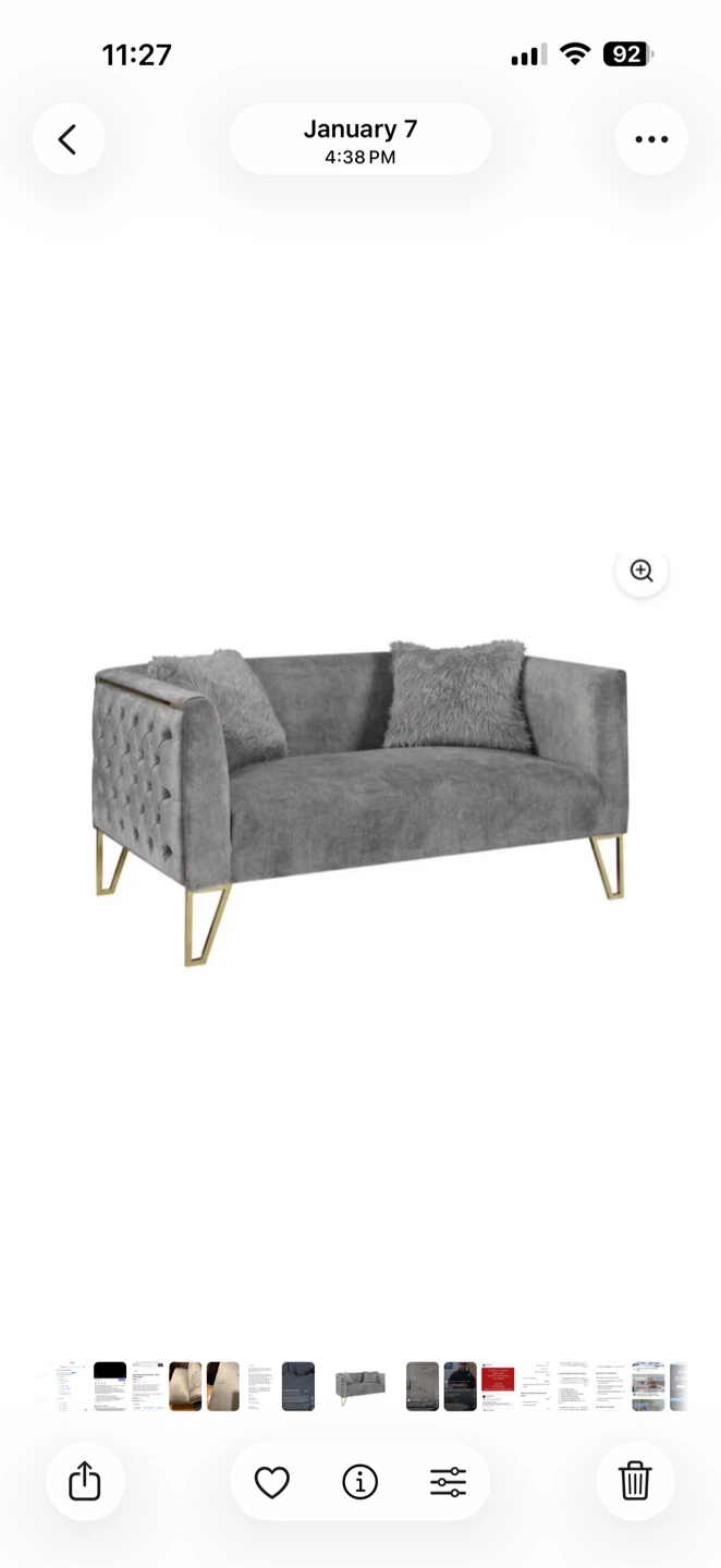 Grey Velvet Loveseat with Tufted Back and Gold Legs - photo 5
