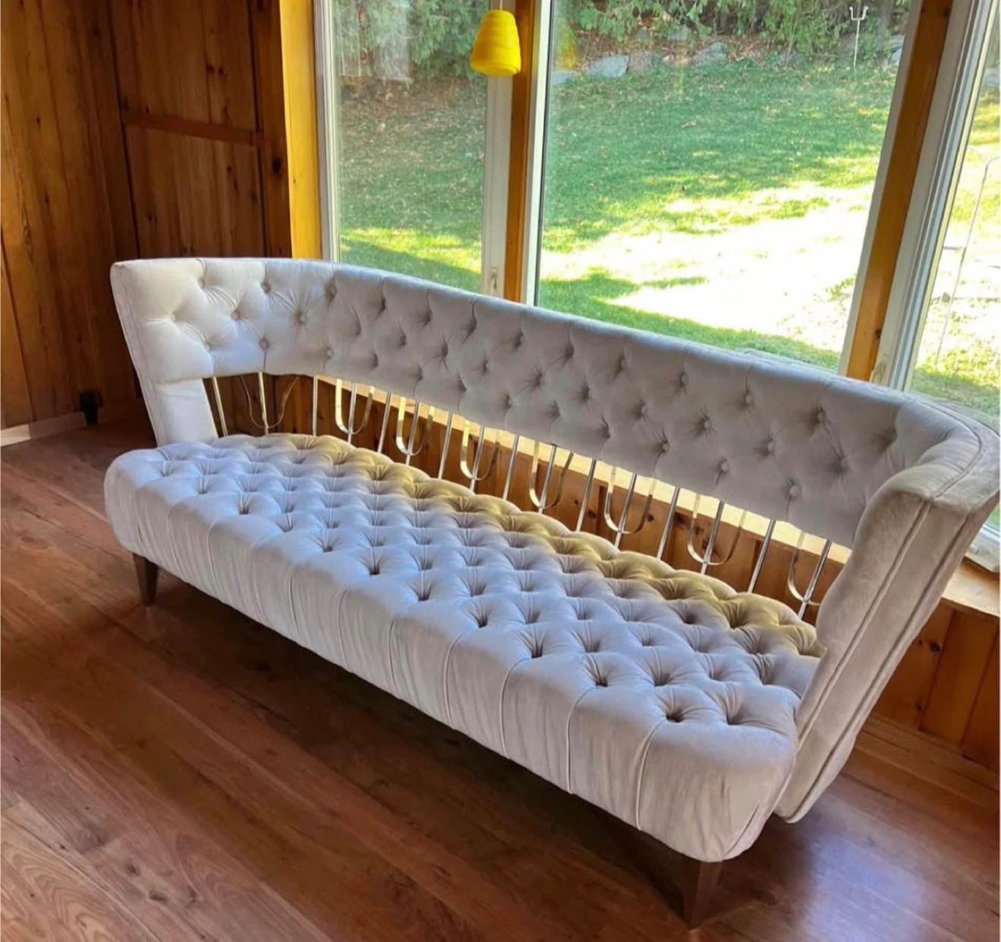 Grey Velvet Loveseat with Tufted Back and Gold Legs