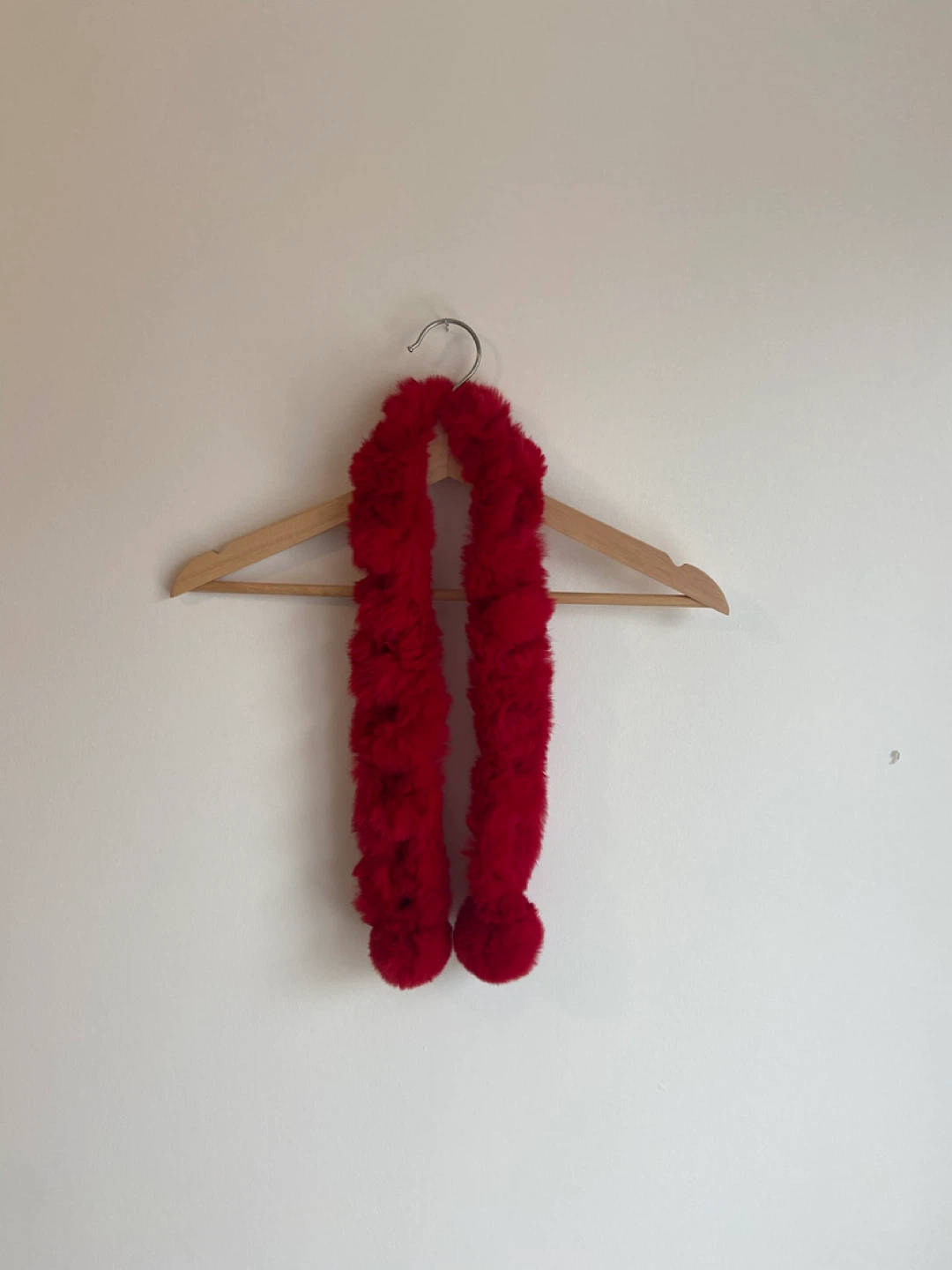 Red Faux Fur Scarf with Pom Poms
