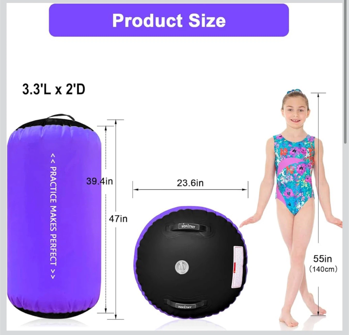 Vofitny Purple Inflatable Gymnastics Air Barrel Roller 3.3' x 2' - photo 4