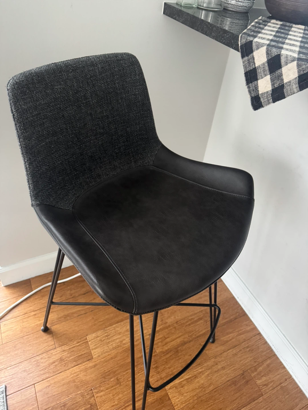 Dark Grey Fabric and Black Faux Leather Bar Stool