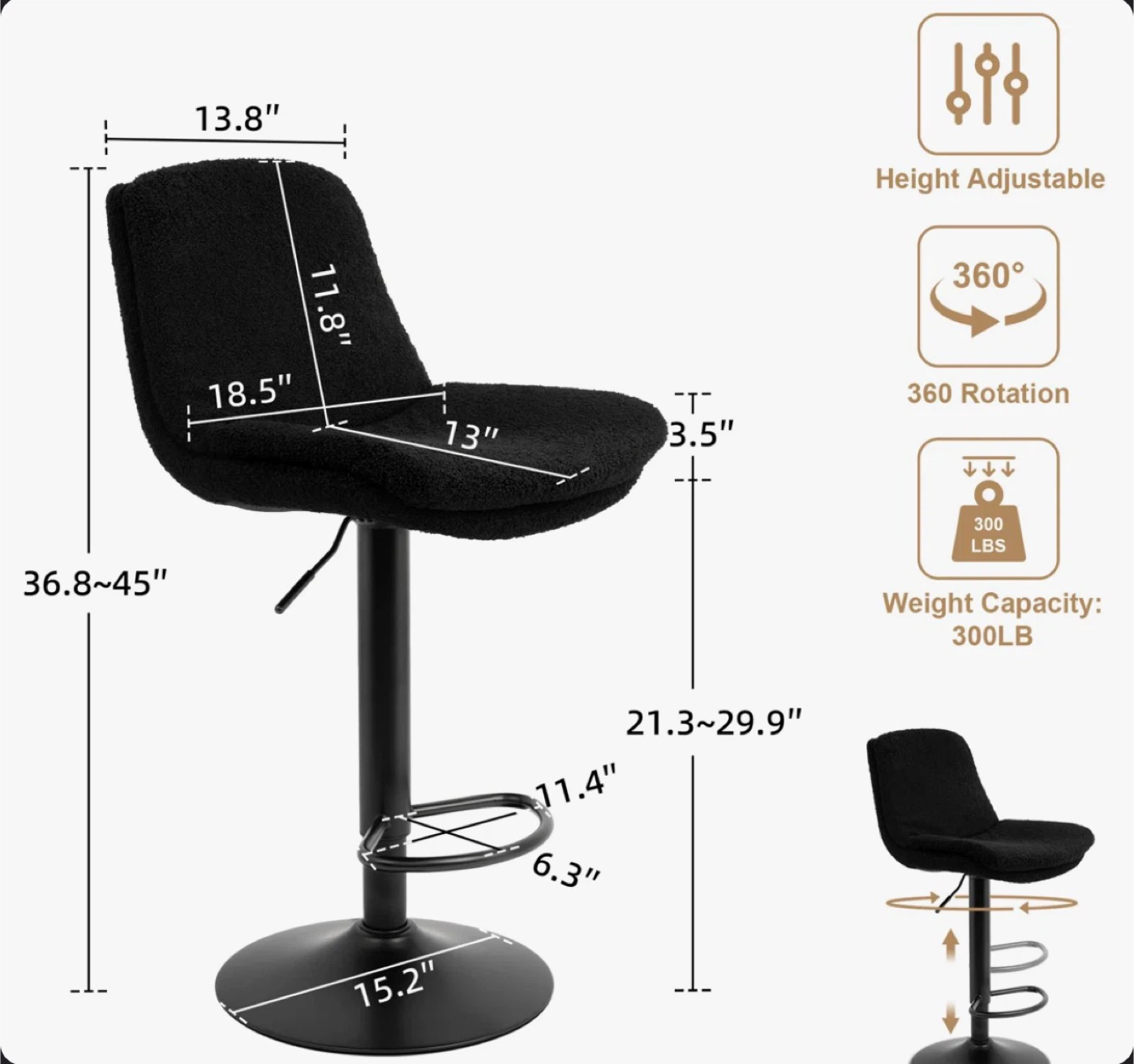 Black Swivel Upholstered Adjustable Height Bar Stool - photo 4