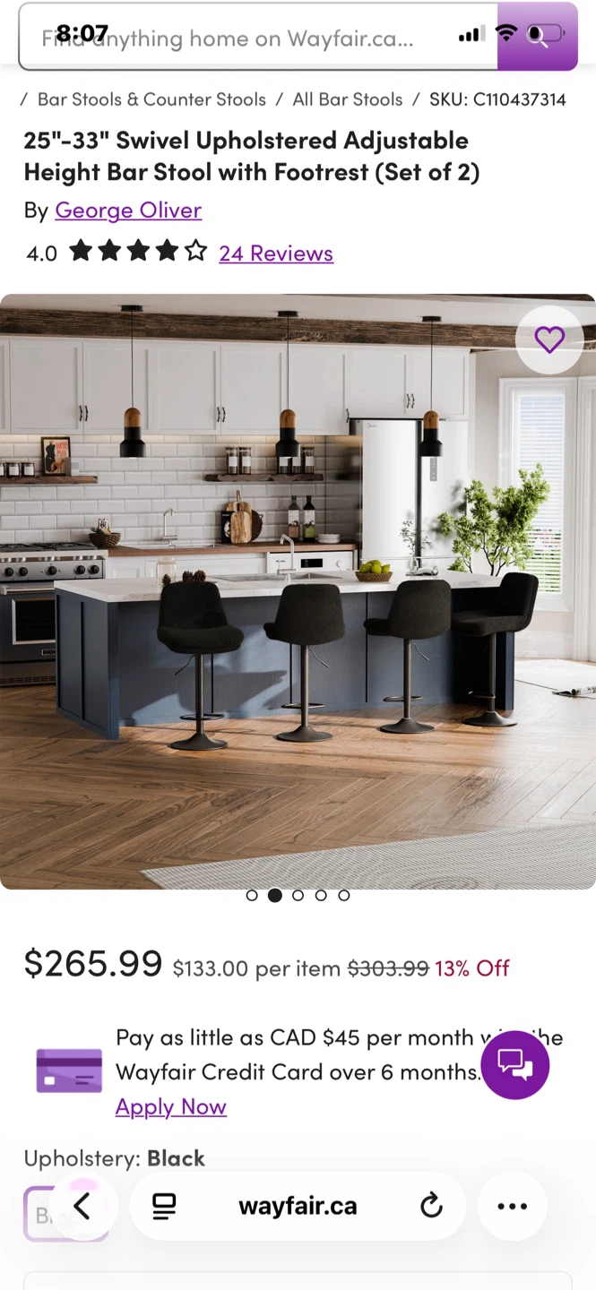 Black Swivel Upholstered Adjustable Height Bar Stool - photo 2