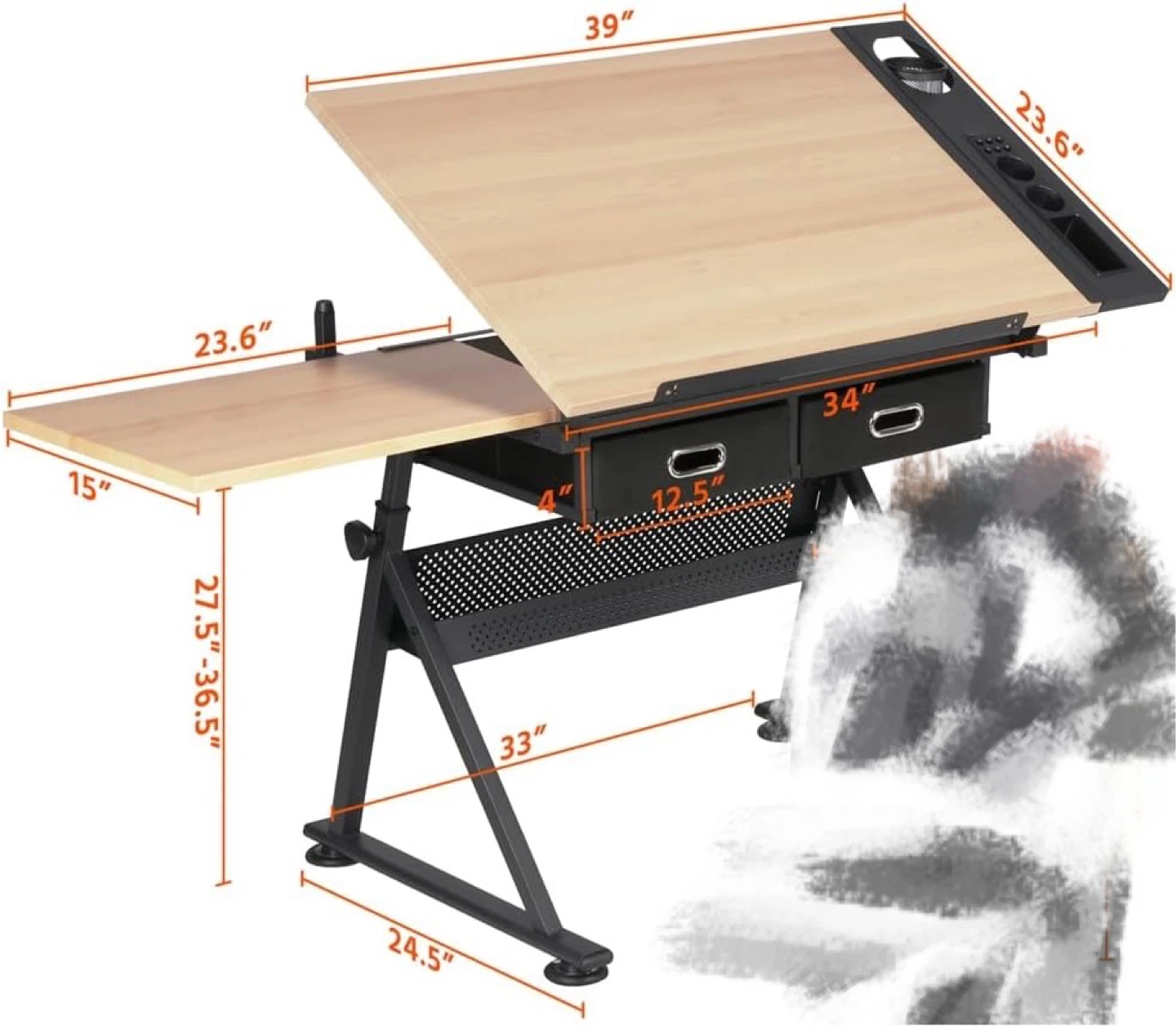 Adjustable Drafting Table with Side Shelf and Drawers - photo 3