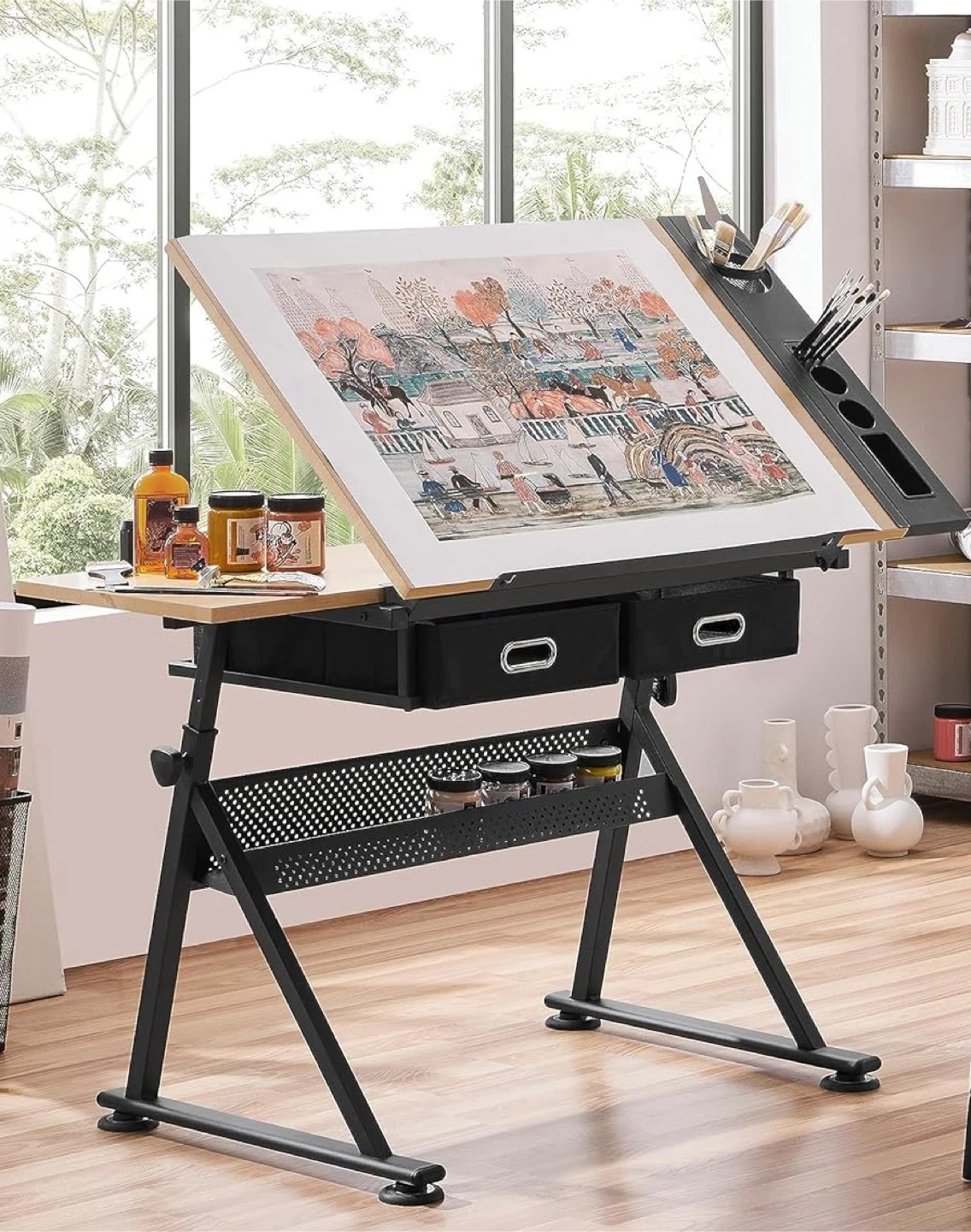 Adjustable Drafting Table with Side Shelf and Drawers