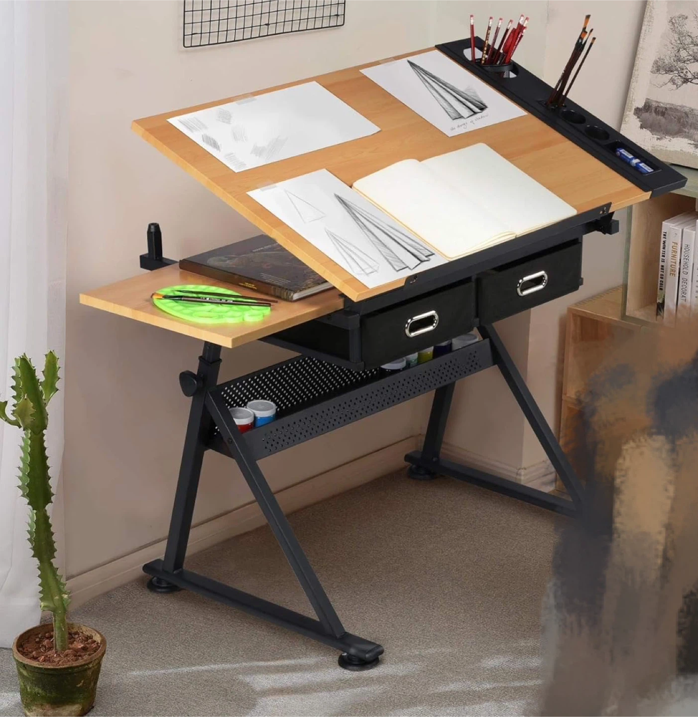 Adjustable Drafting Table with Side Shelf and Drawers - photo 2