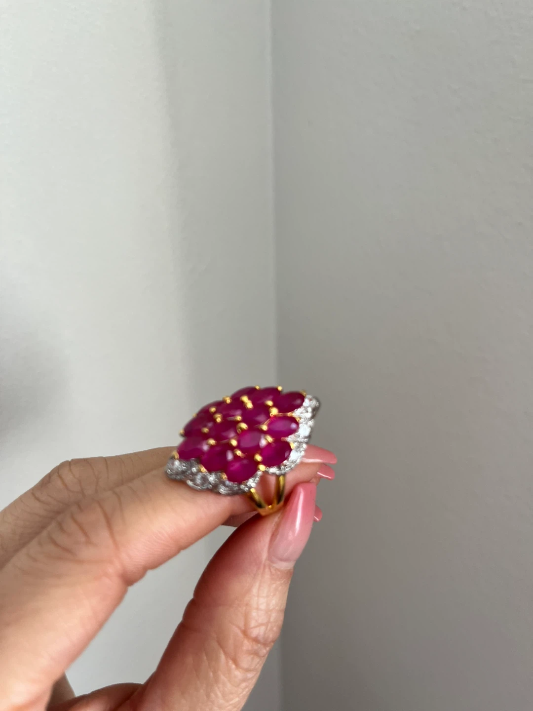 Cocktail Ring with Marquise-cut Rubies and White Stones