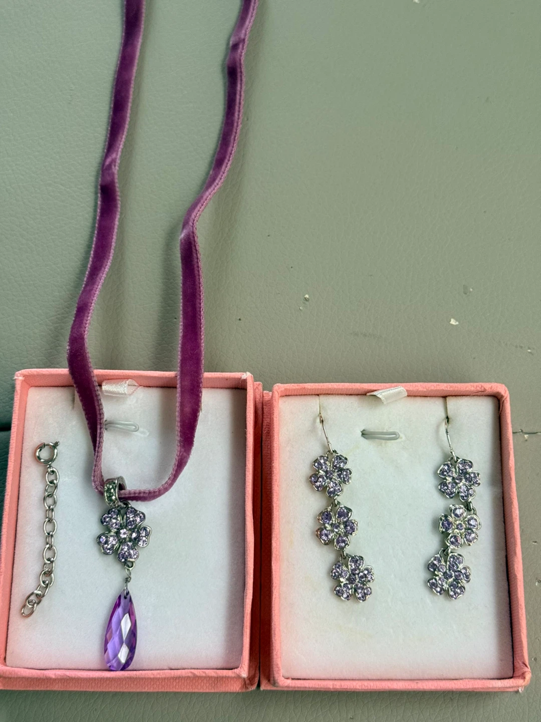 Purple Velvet Choker Necklace and Flower Earrings Set