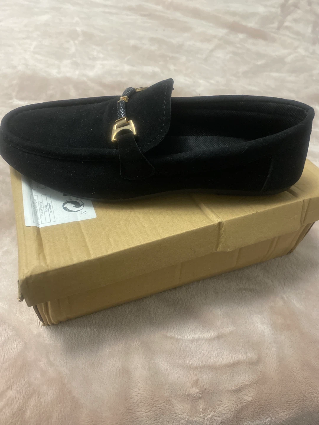Black Suede Loafers with Gold Buckle