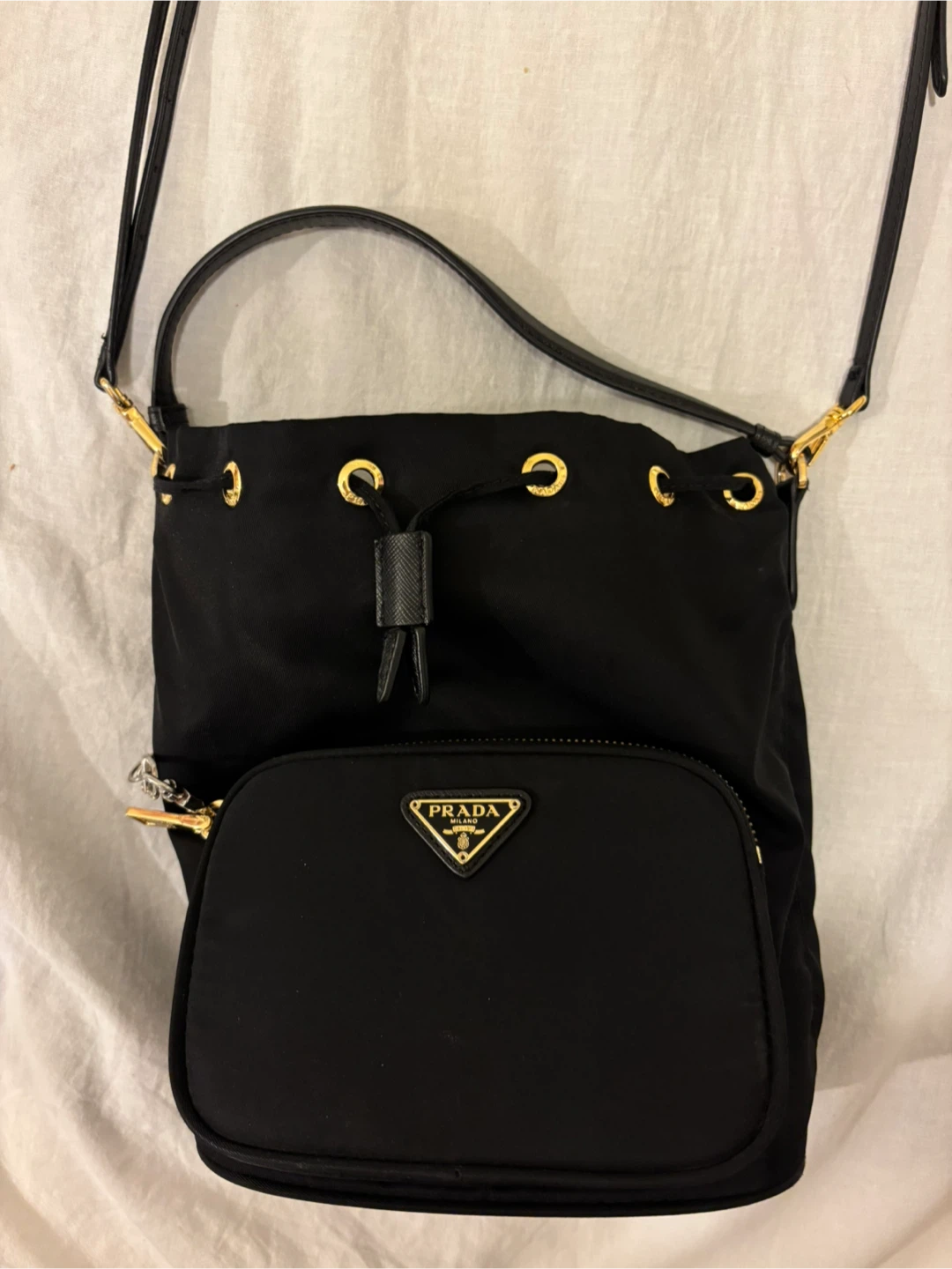 Prada Nylon Drawstring Bucket Bag - Black