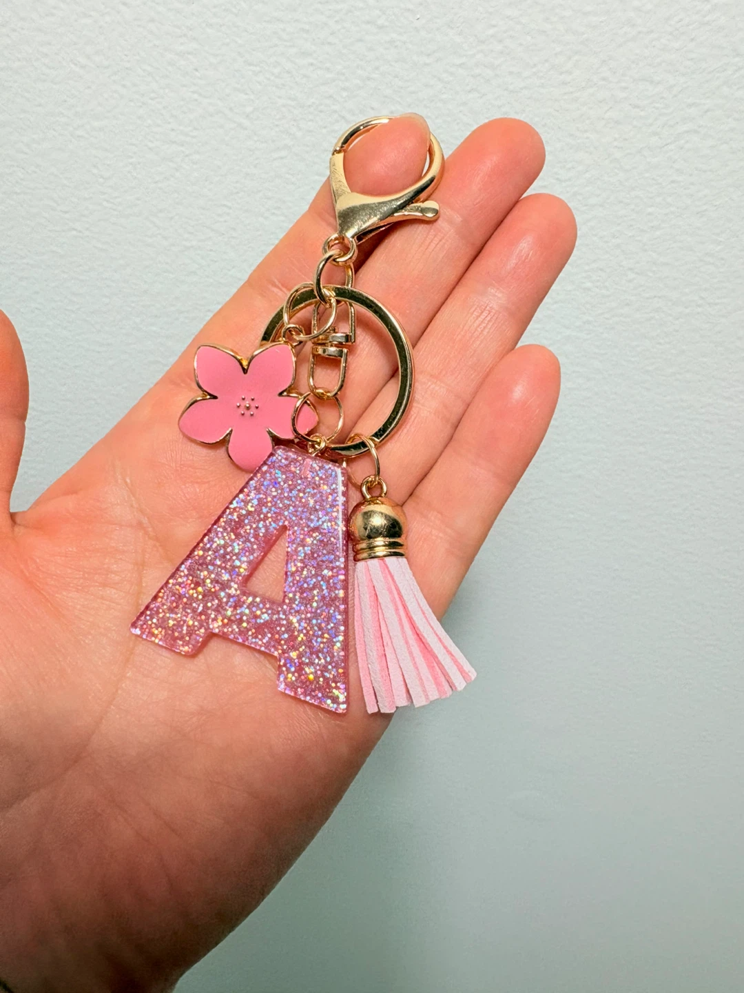 Pink Glitter Letter A Keychain with Flower Charm - photo 3