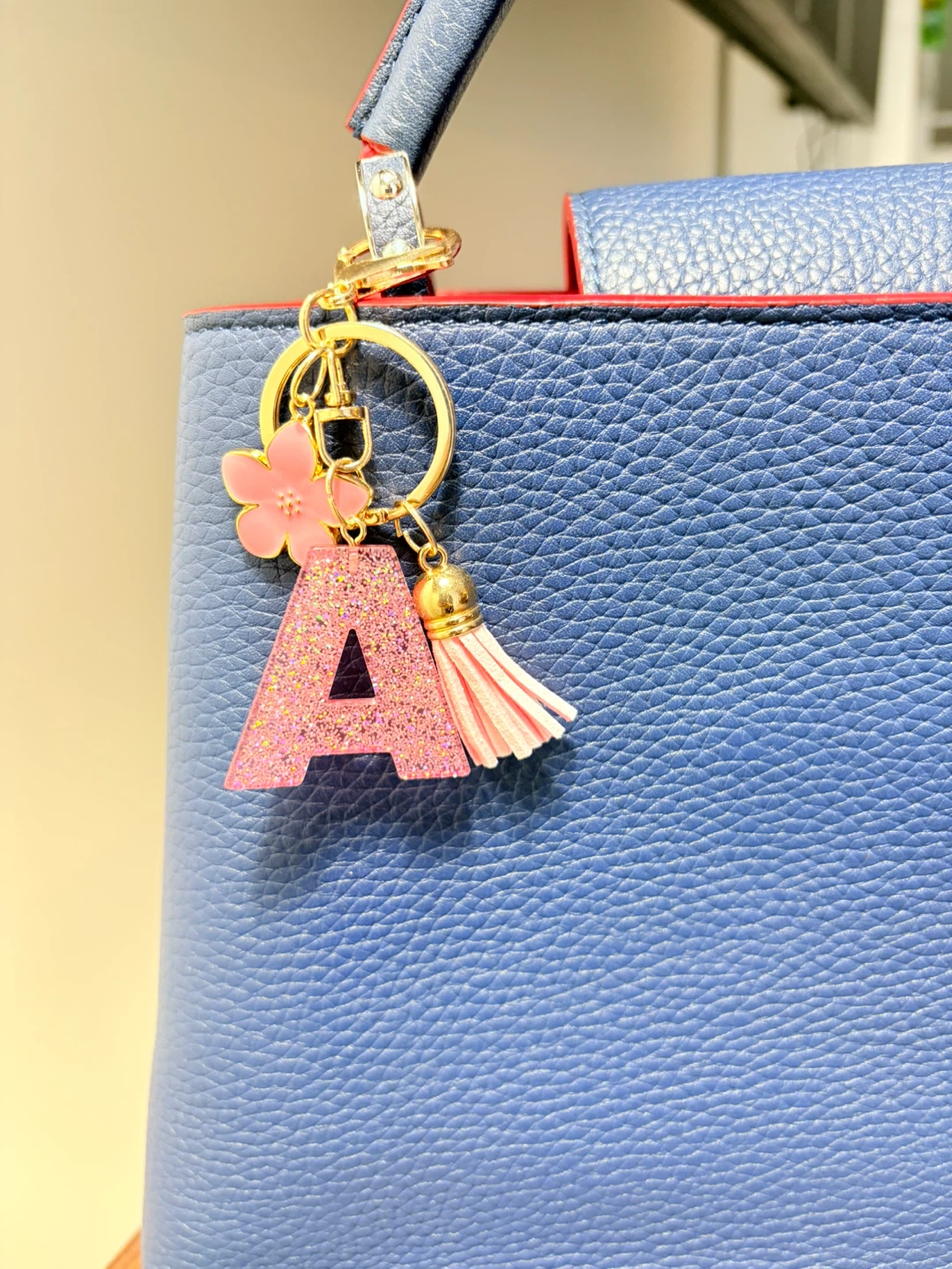 Pink Glitter Letter A Keychain with Flower Charm - photo 2