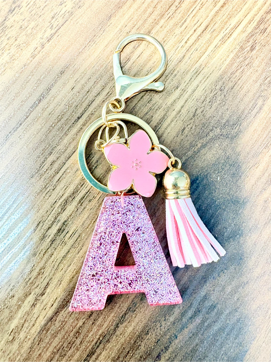 Pink Glitter Letter A Keychain with Flower Charm