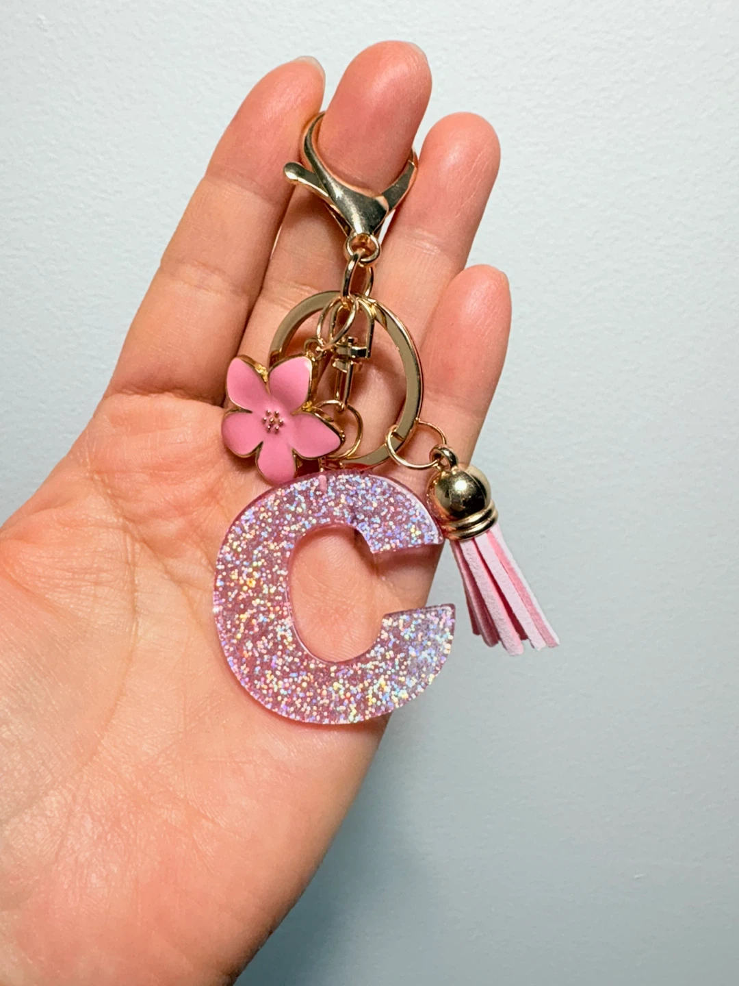 Pink Glitter "C" Letter Keychain with Flower and Tassel - photo 3