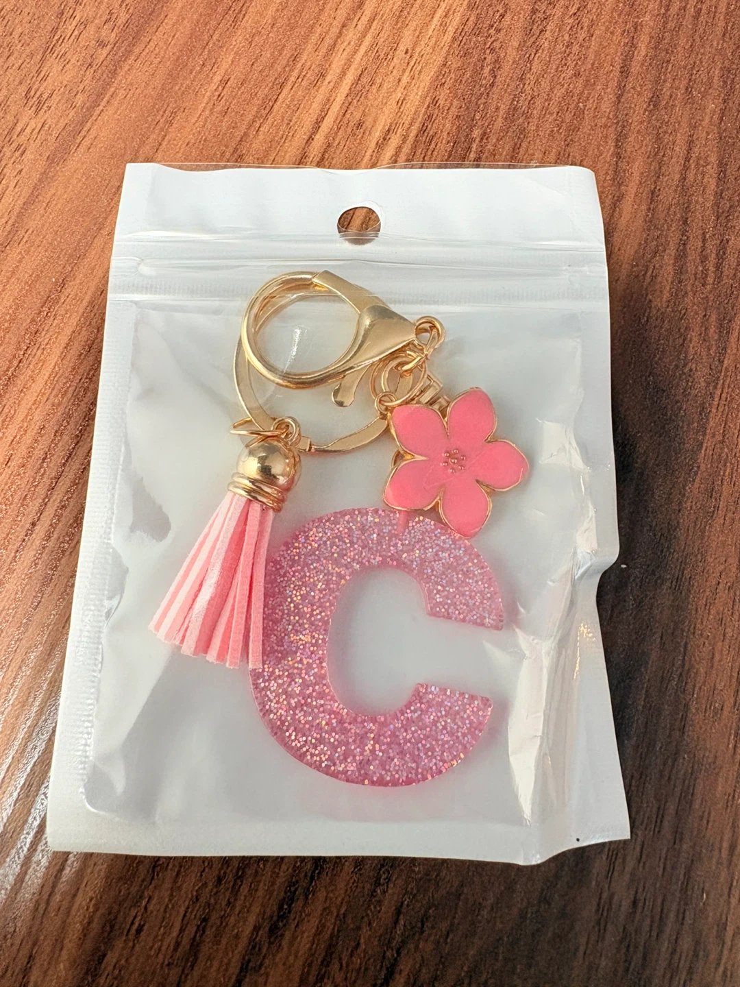 Pink Glitter "C" Letter Keychain with Flower and Tassel - photo 4