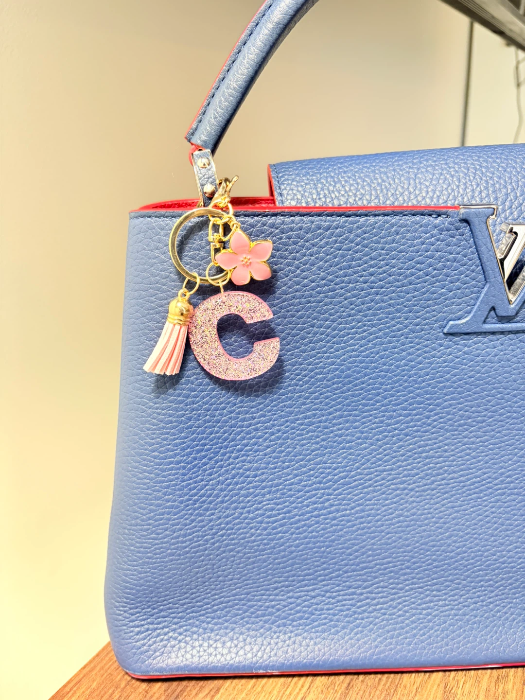 Pink Glitter "C" Letter Keychain with Flower and Tassel - photo 2