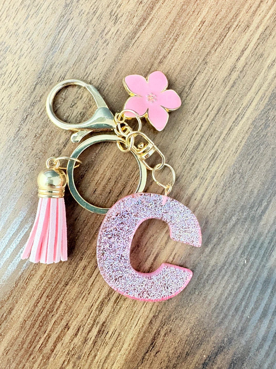 Pink Glitter "C" Letter Keychain with Flower and Tassel