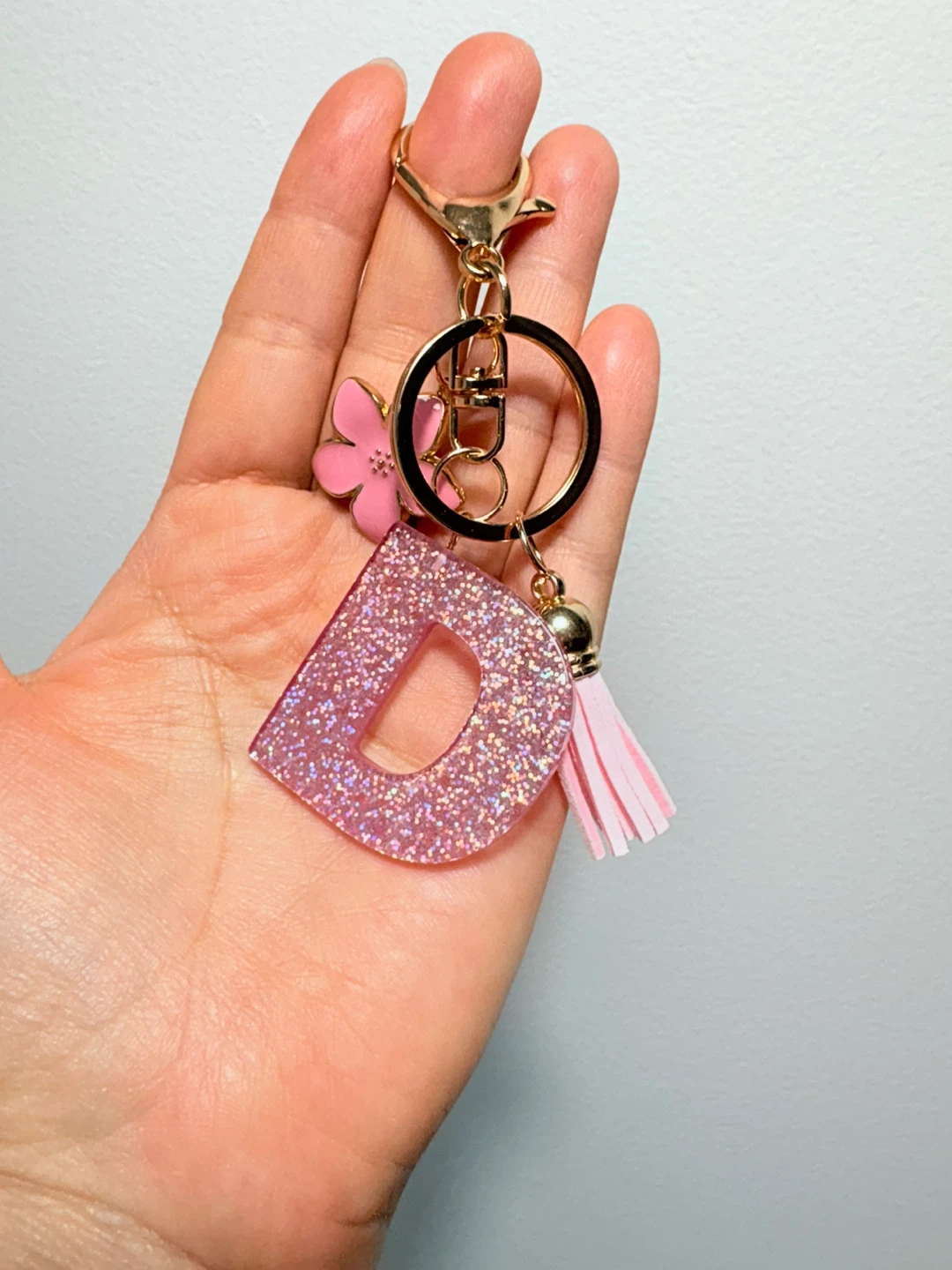 Pink Glitter Letter D Keychain with Flower and Tassel - photo 3