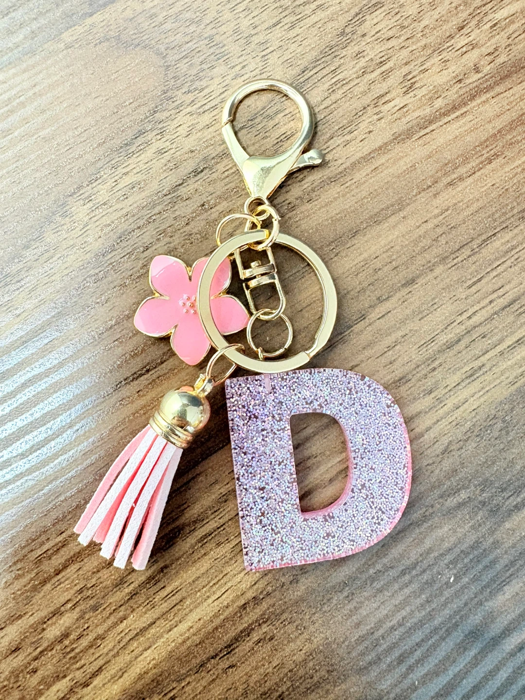 Pink Glitter Letter D Keychain with Flower and Tassel