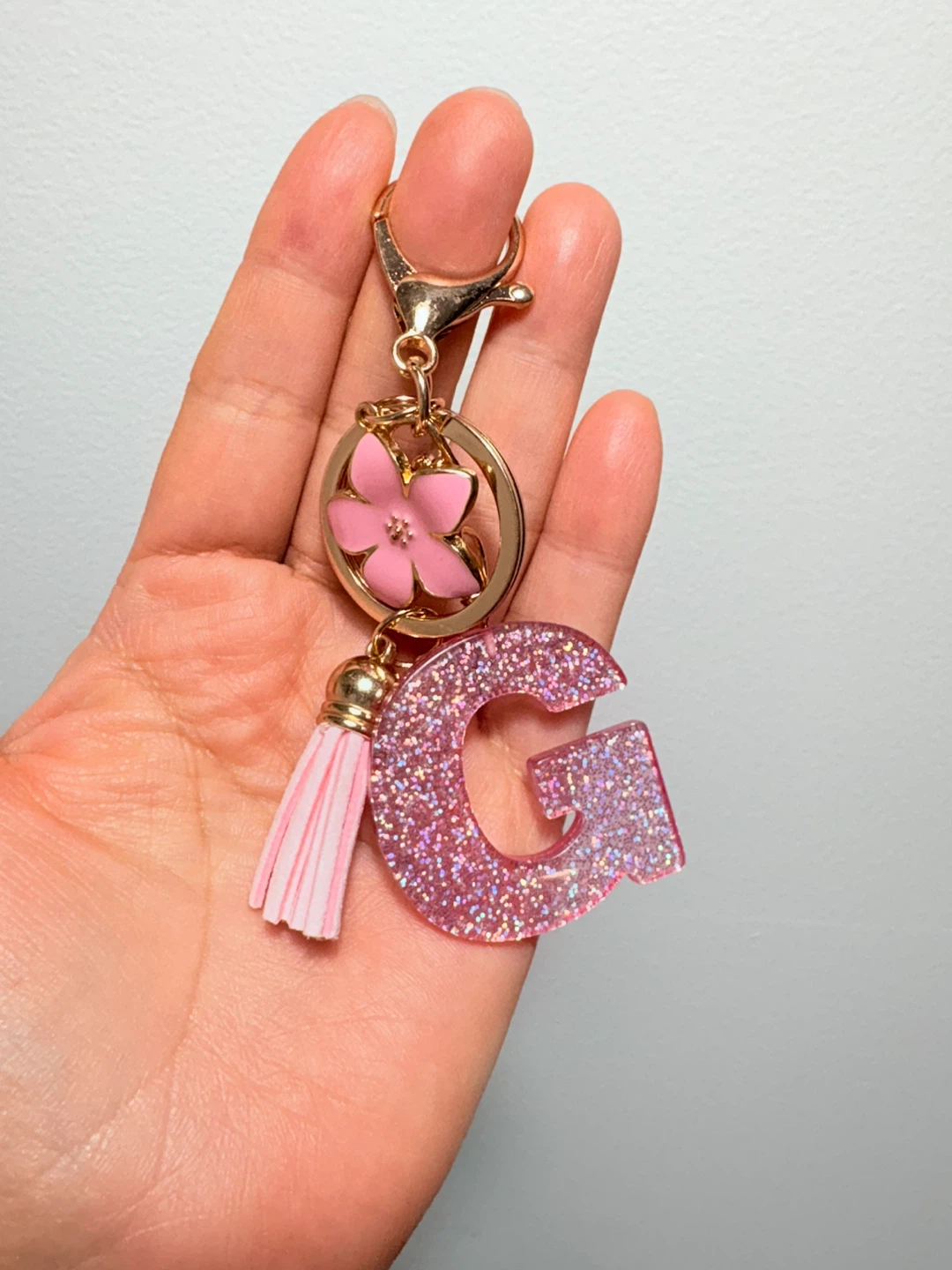 Pink Glitter Letter G Keychain with Flower Charm - photo 3