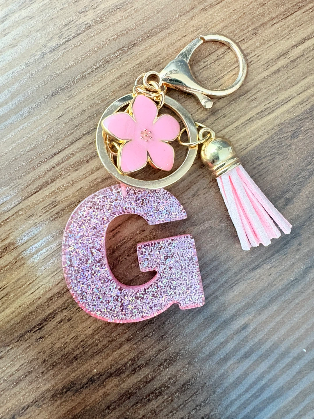 Pink Glitter Letter G Keychain with Flower Charm