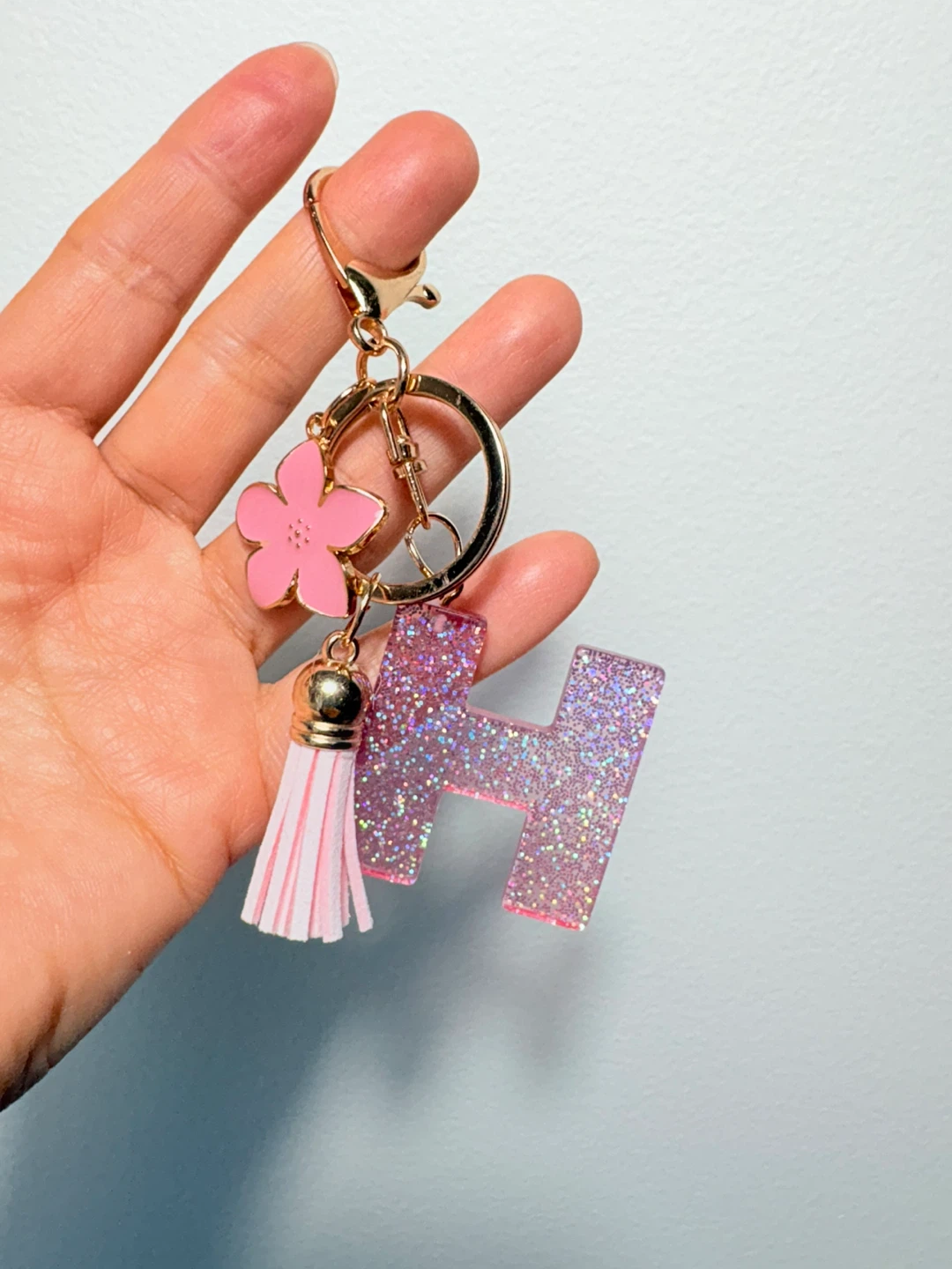Pink Glitter "H" Letter Keychain with Flower Charm - photo 3