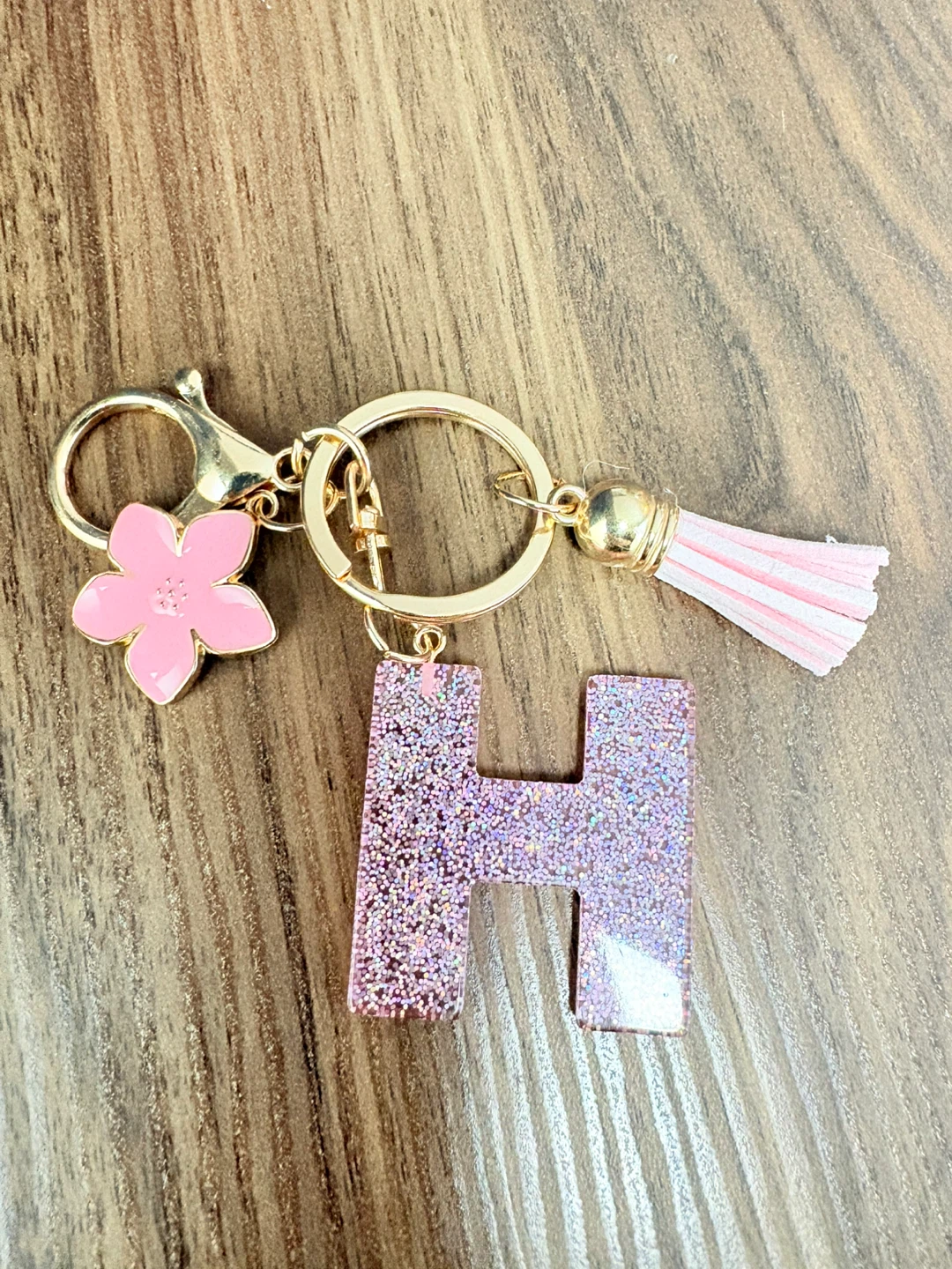Pink Glitter "H" Letter Keychain with Flower Charm