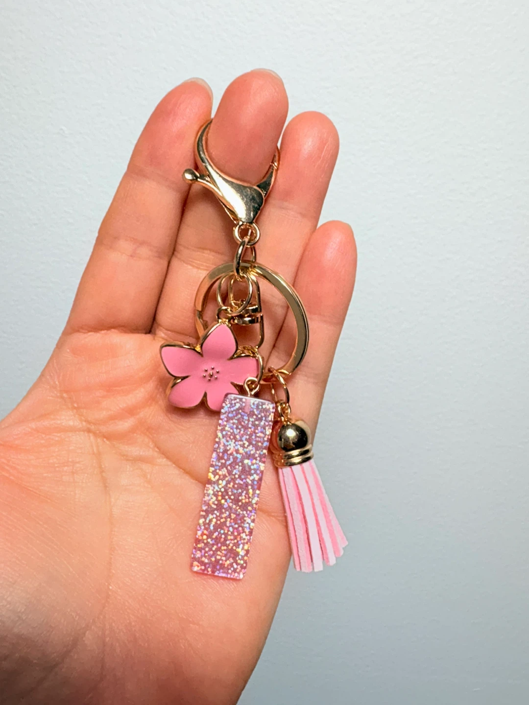 Pink Flower & Tassel Keychain with Glitter Charm - photo 3