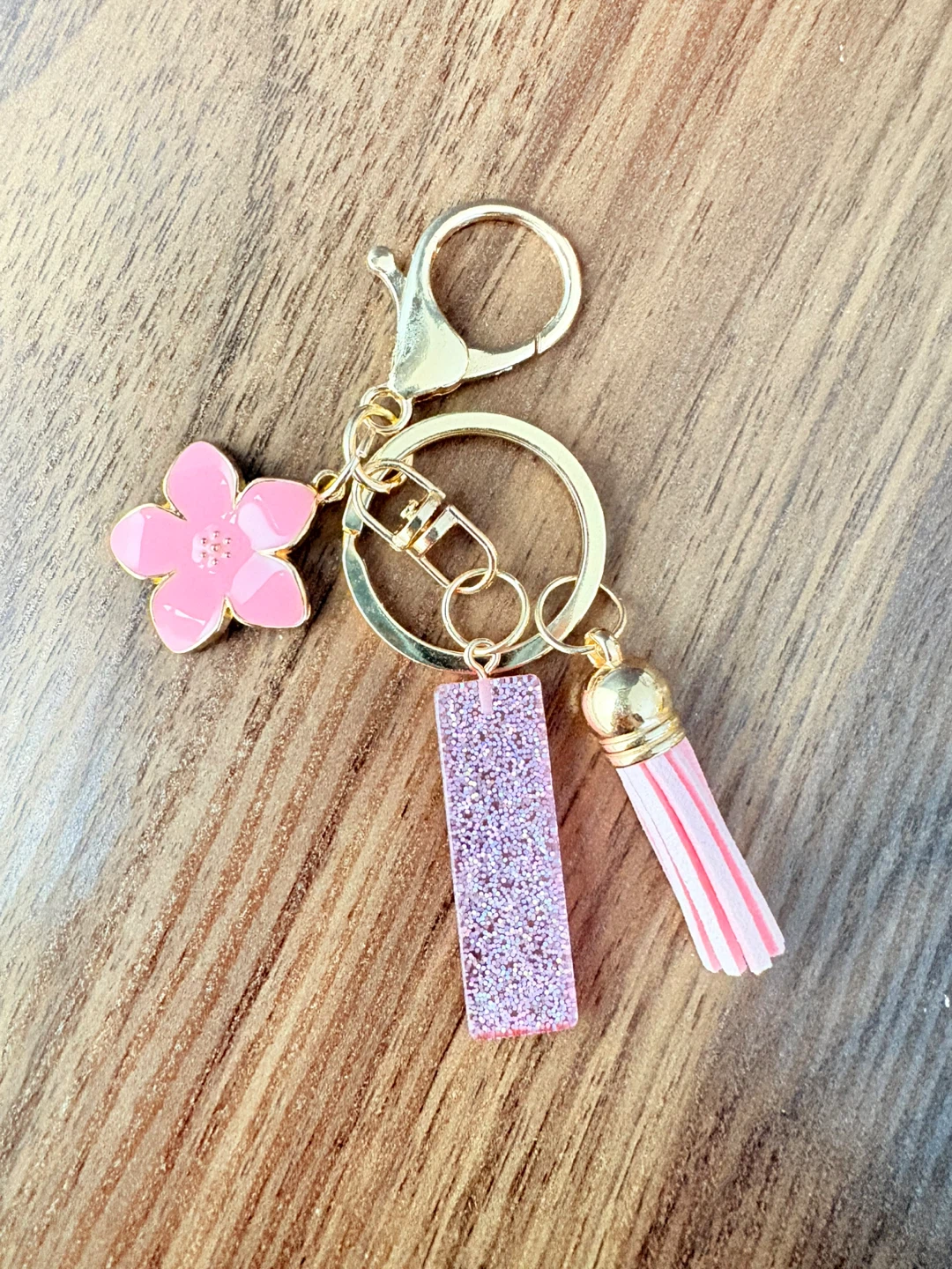 Pink Flower & Tassel Keychain with Glitter Charm