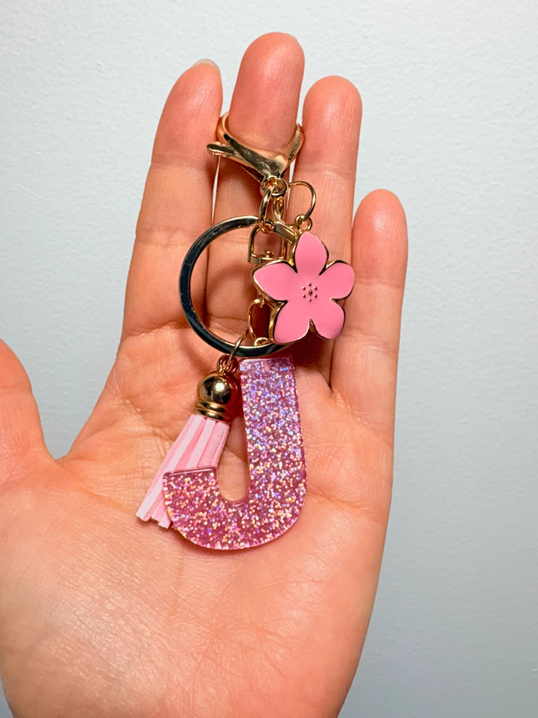 Pink Glitter "J" Letter Keychain with Flower Tassel - photo 3