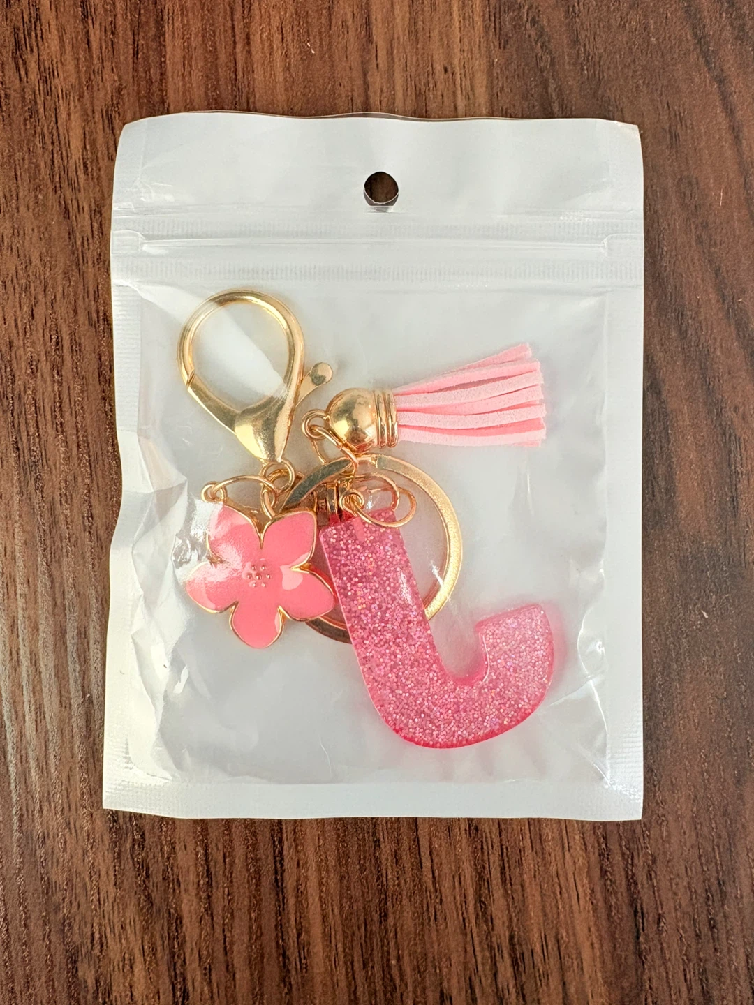 Pink Glitter "J" Letter Keychain with Flower Tassel - photo 4