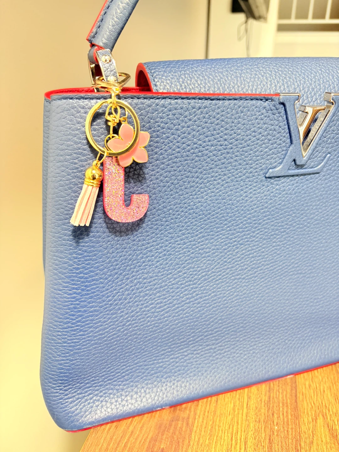 Pink Glitter "J" Letter Keychain with Flower Tassel - photo 2