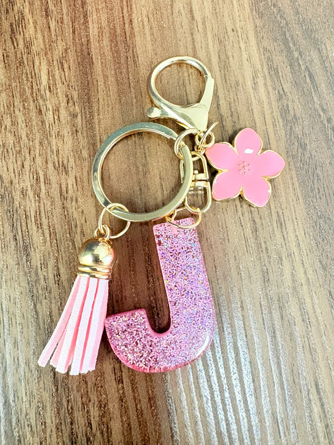 Pink Glitter "J" Letter Keychain with Flower Tassel