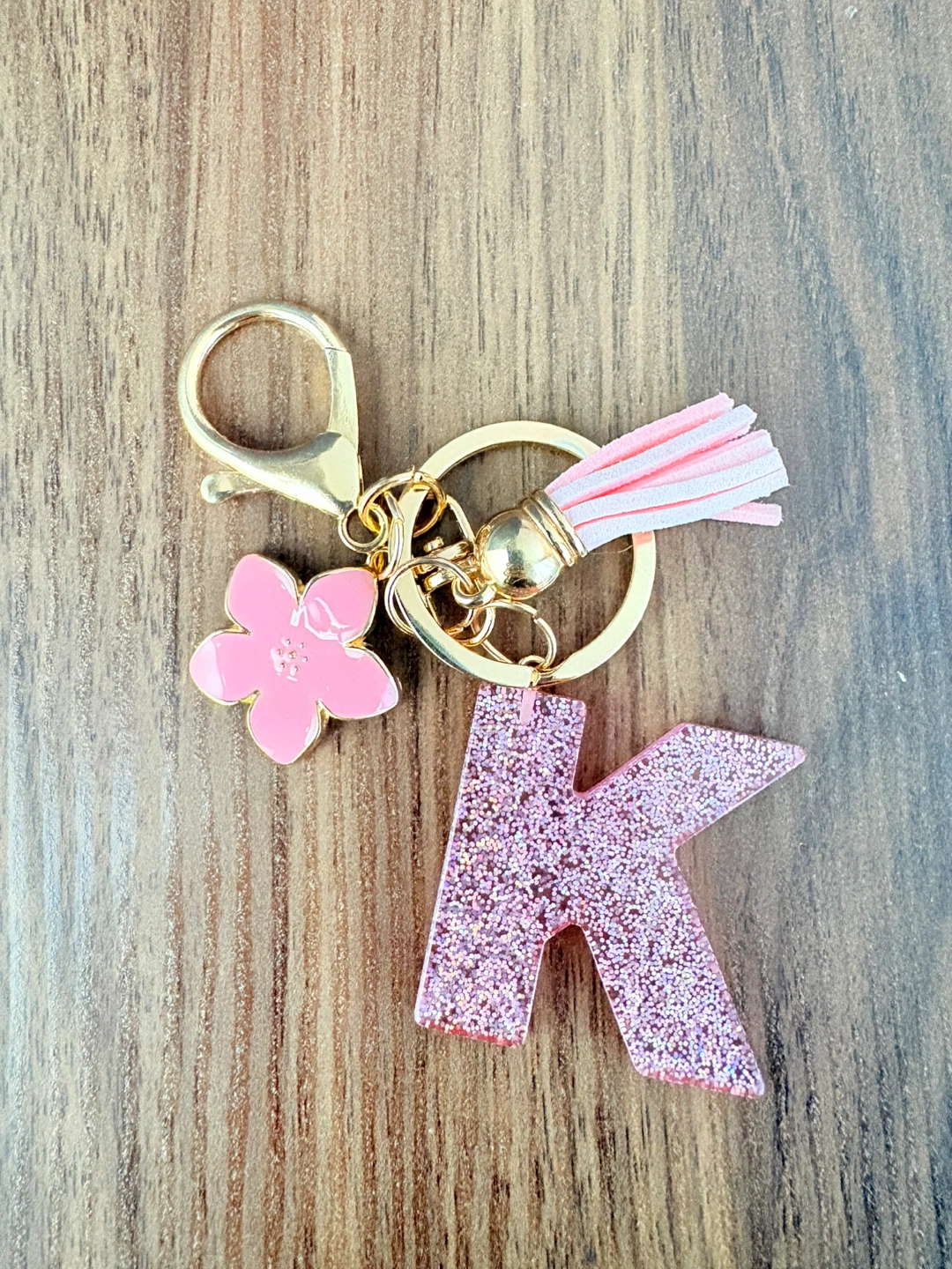 Pink Glitter "K" Letter Keychain with Flower Charm