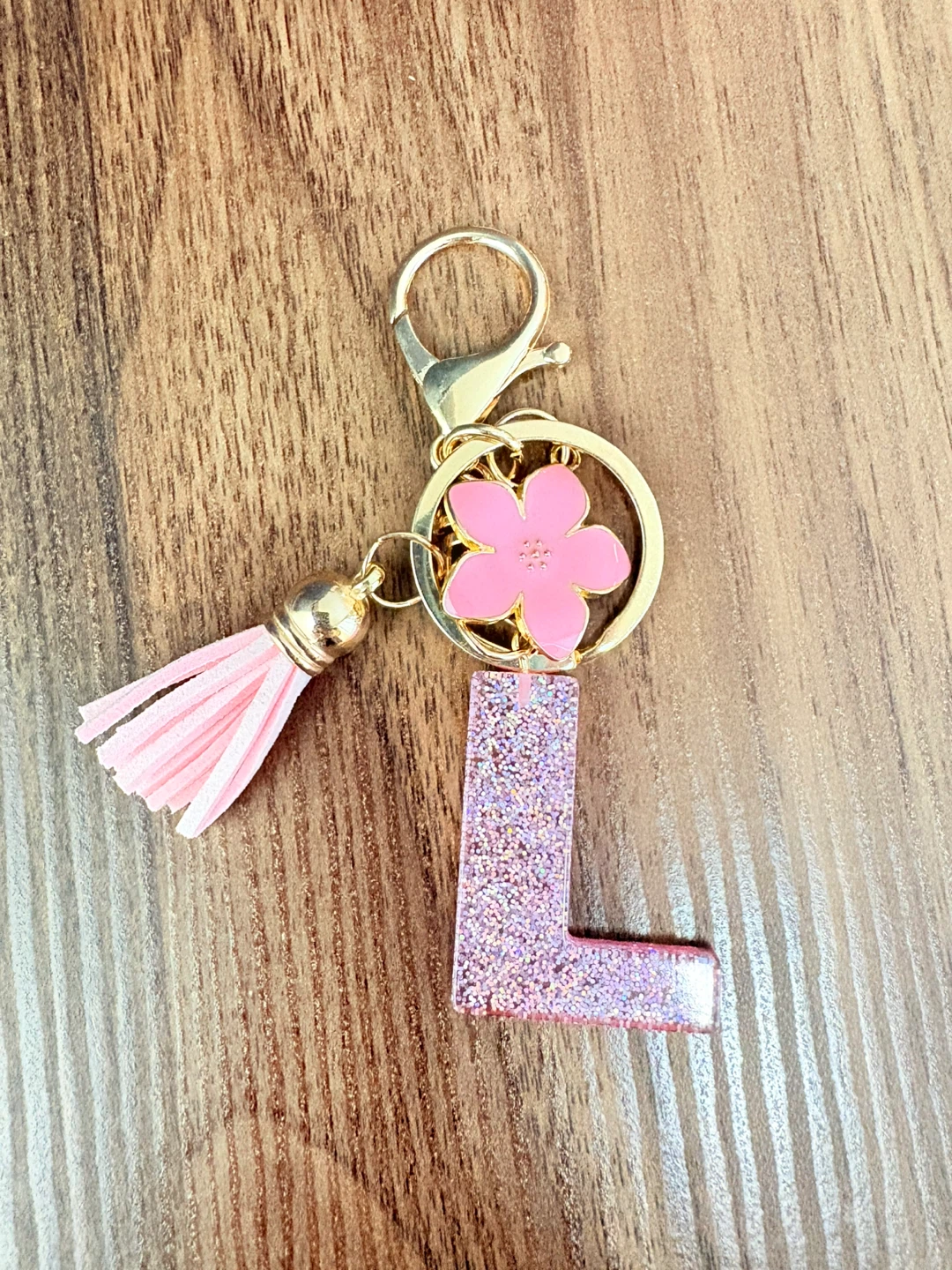 Pink Glitter Letter "L" Keychain with Flower Charm