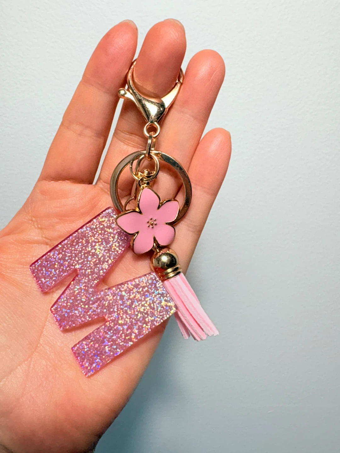 Glitter "M" Letter Keychain with Flower Charm - photo 3