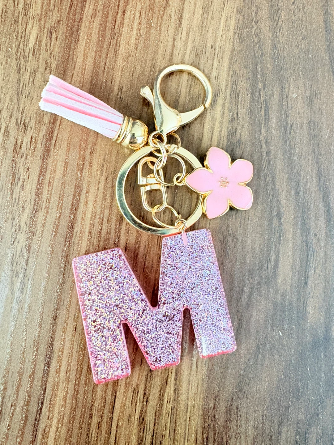 Glitter "M" Letter Keychain with Flower Charm