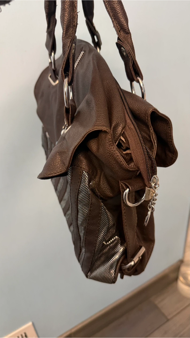 Brown Faux Leather Handbag with Silver Accents - photo 5