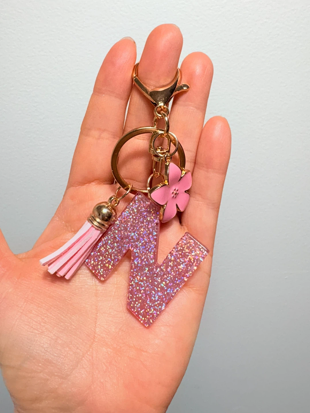 Pink Glitter "N" Letter Keychain with Flower and Tassel - photo 3
