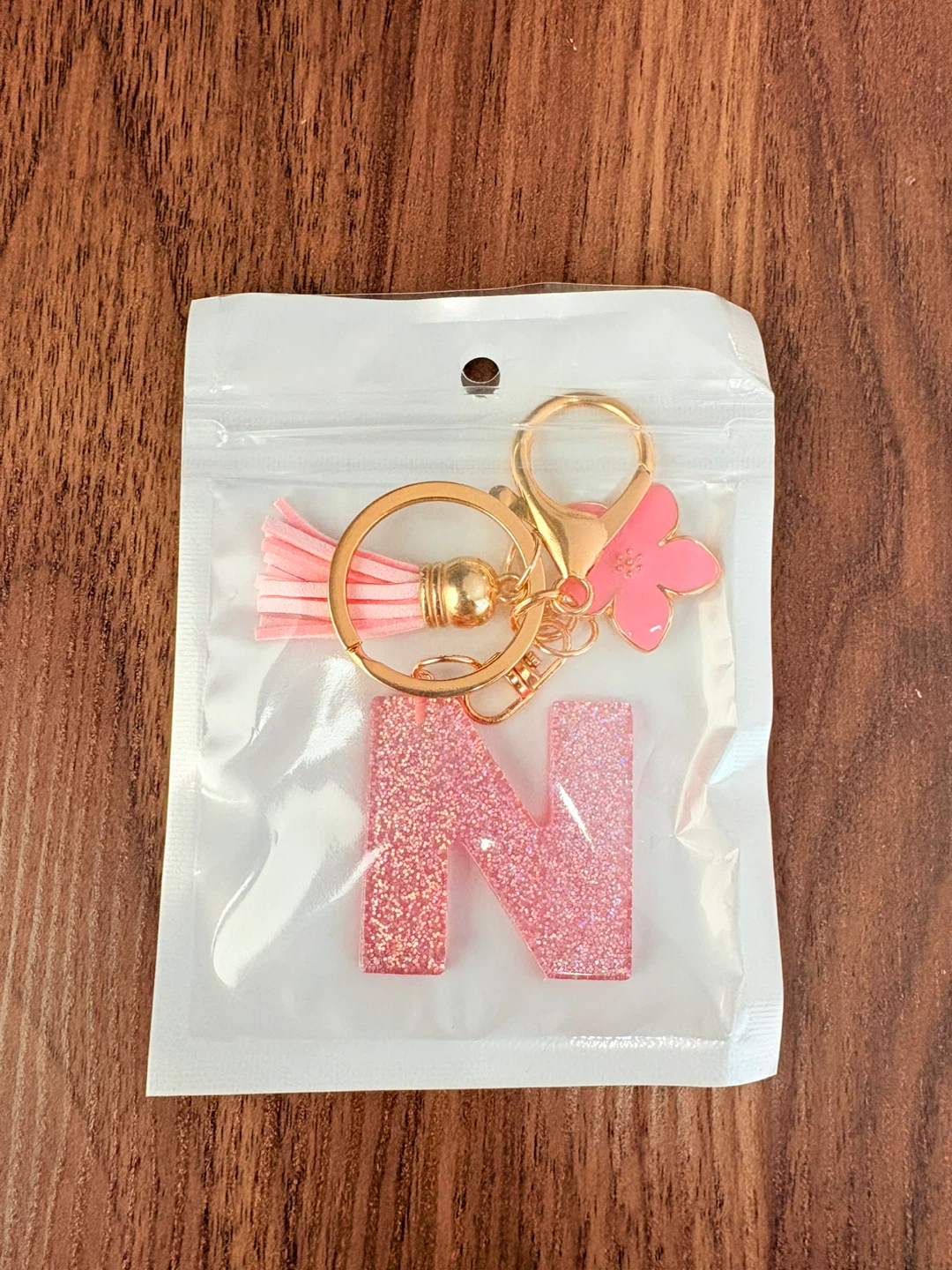 Pink Glitter "N" Letter Keychain with Flower and Tassel - photo 4