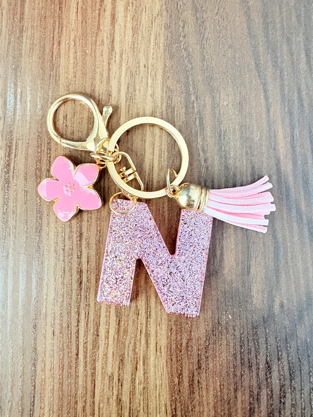 Pink Glitter "N" Letter Keychain with Flower and Tassel