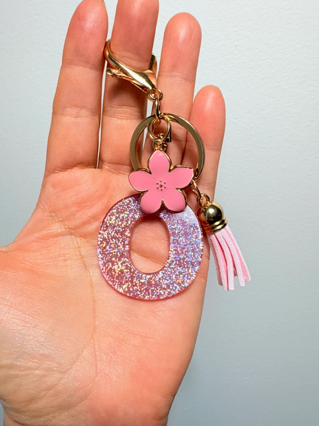 Pink Glitter "O" Letter Keychain with Flower and Tassel - photo 3