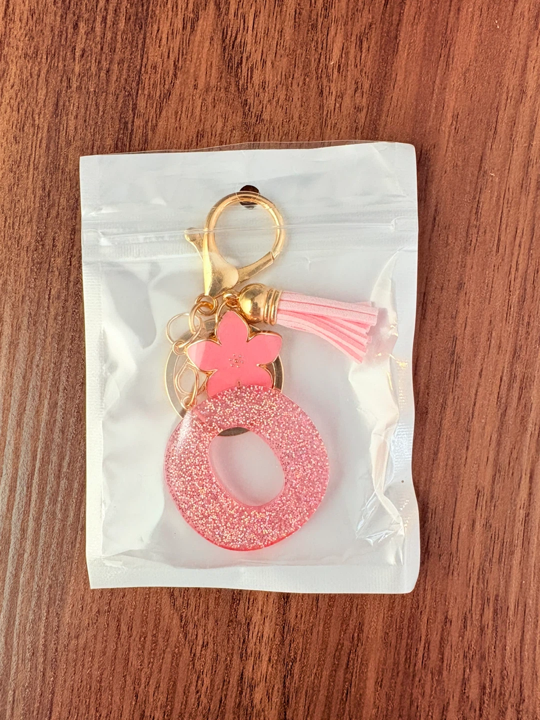 Pink Glitter "O" Letter Keychain with Flower and Tassel - photo 4